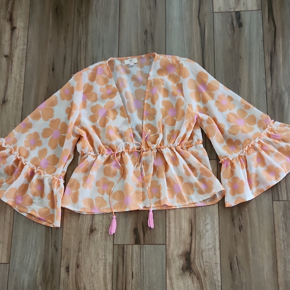 Girl Soul Floral Blouse with Drawstring Waist and Bell Sleeves Women's Size XL